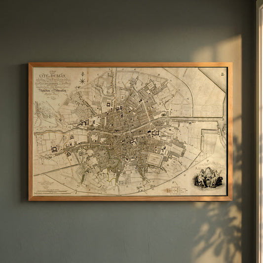 1797 Dublin Map framed print in a natural oak frame on a dark green wall beside a window, dappled plant shadow