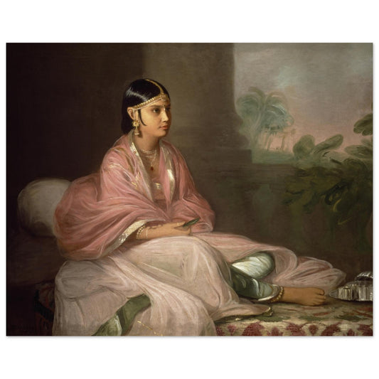 Unframed fine art reproduction of Thomas Hickey’s An Indian Lady, perhaps Jemdanee, Bibi of William Hickey on archival paper Portrait of a woman in traditional indian attire with a scenic background
