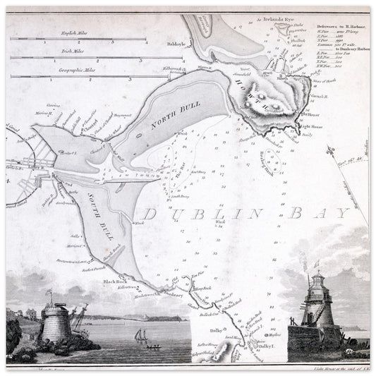 Nautical Map of Dublin Bay with Vignettes of Seapoint Martello Tower and Poolbeg Light House, South Wall – Irish gift | Buy Irish Art