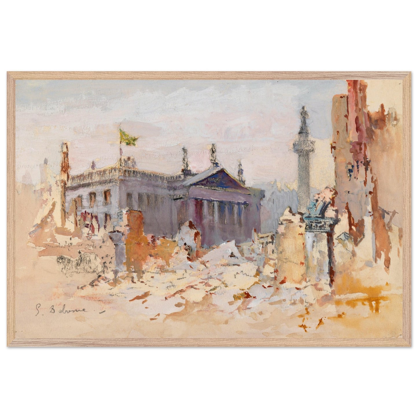 The Ruins of O’Connell Street, 1916 by Edmond Delrenne, art print in a natural wooden frame, showing the devastation of O’Connell Street following the Easter Rising.