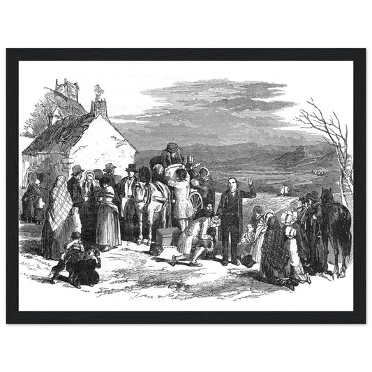 Irish emigrants leaving home, 19th-century black and white engraving in a wide black frame