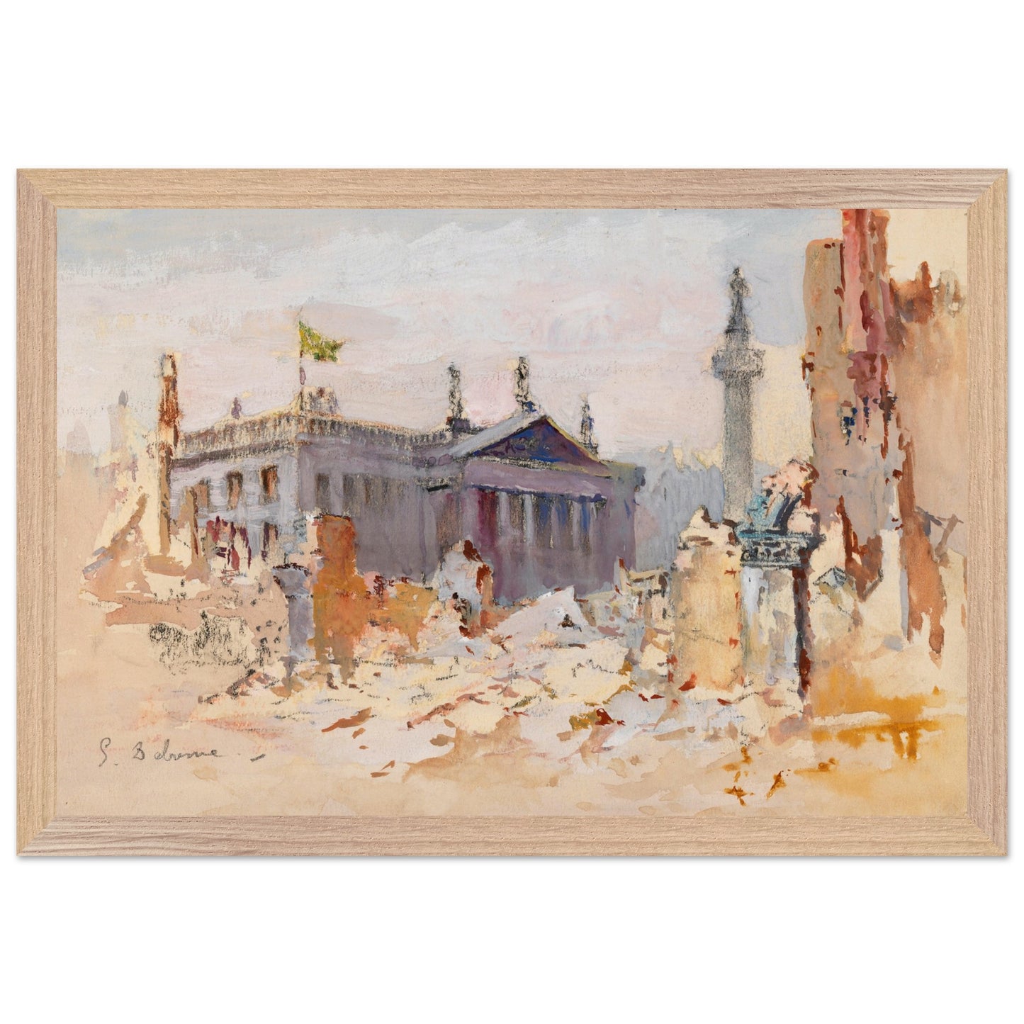 The Ruins of O’Connell Street, 1916 by Edmond Delrenne, art print in a natural wooden frame, showing the devastation of O’Connell Street following the Easter Rising.