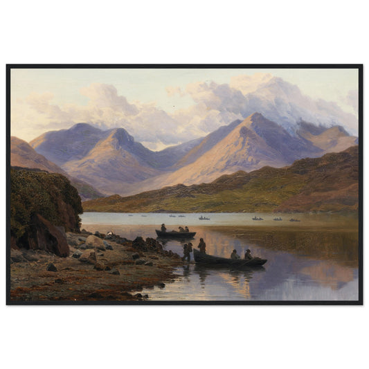 Scenic painting of a lake with mountains and people in boats. Framed museum-quality print of A View of the Killaries, from Leenane by Bartholomew Colles Watkins, capturing Ireland’s scenic fjord, tranquil waters, and rugged Connemara mountains