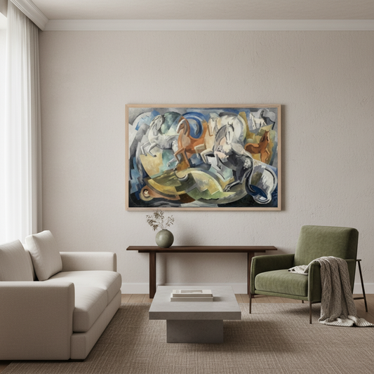 Achill Horses by Mainie Jellett framed in natural wood displayed in an elegant minimalist Irish-inspired living room with neutral tones, premium modern furniture, and soft natural lighting – museum-quality art print wall display.