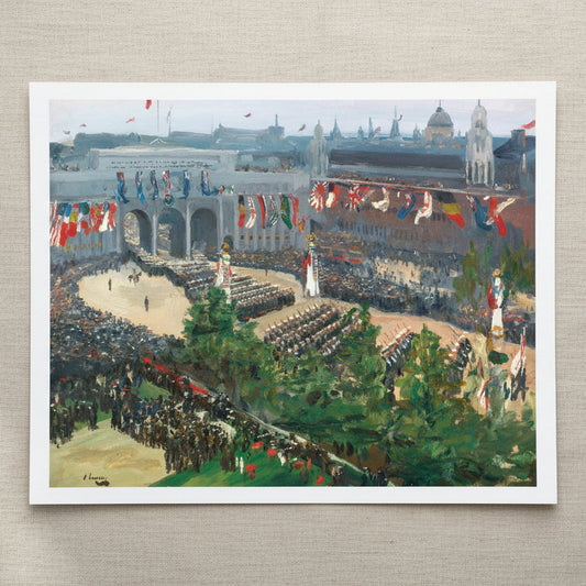 Admiralty Arch, Victory Parade, 19th July 1919 by Irish Artist John Lavery Art Print 40×50 cm unframed archival print resting on light linen fabric. Soft natural daylight, gentle shadows, artisanal fine-art photography style.