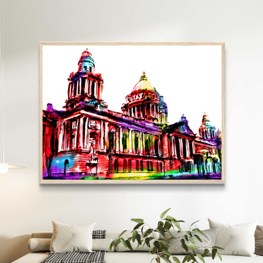 Vibrant Belfast City Hall Framed Art Print by Ó Maoláin. Colourful depiction of Belfast's iconic landmark, reflecting its dynamic spirit. Perfect for commemorating your connection to Belfast or sharing its charm. Great Wedding Gift.