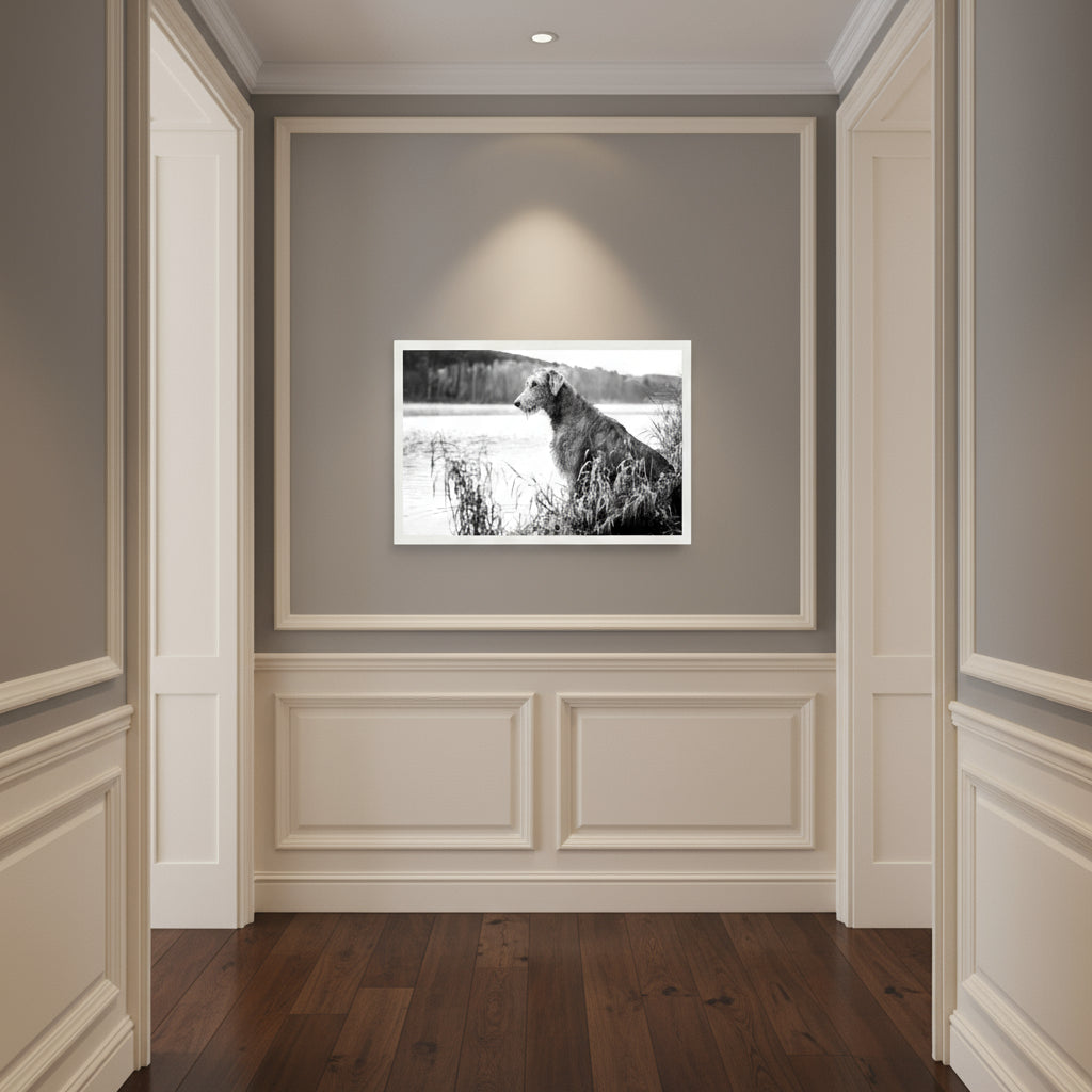 Gallery-style hallway with neutral tones, panelled walls and the framed Wolfhound print under museum lighting.