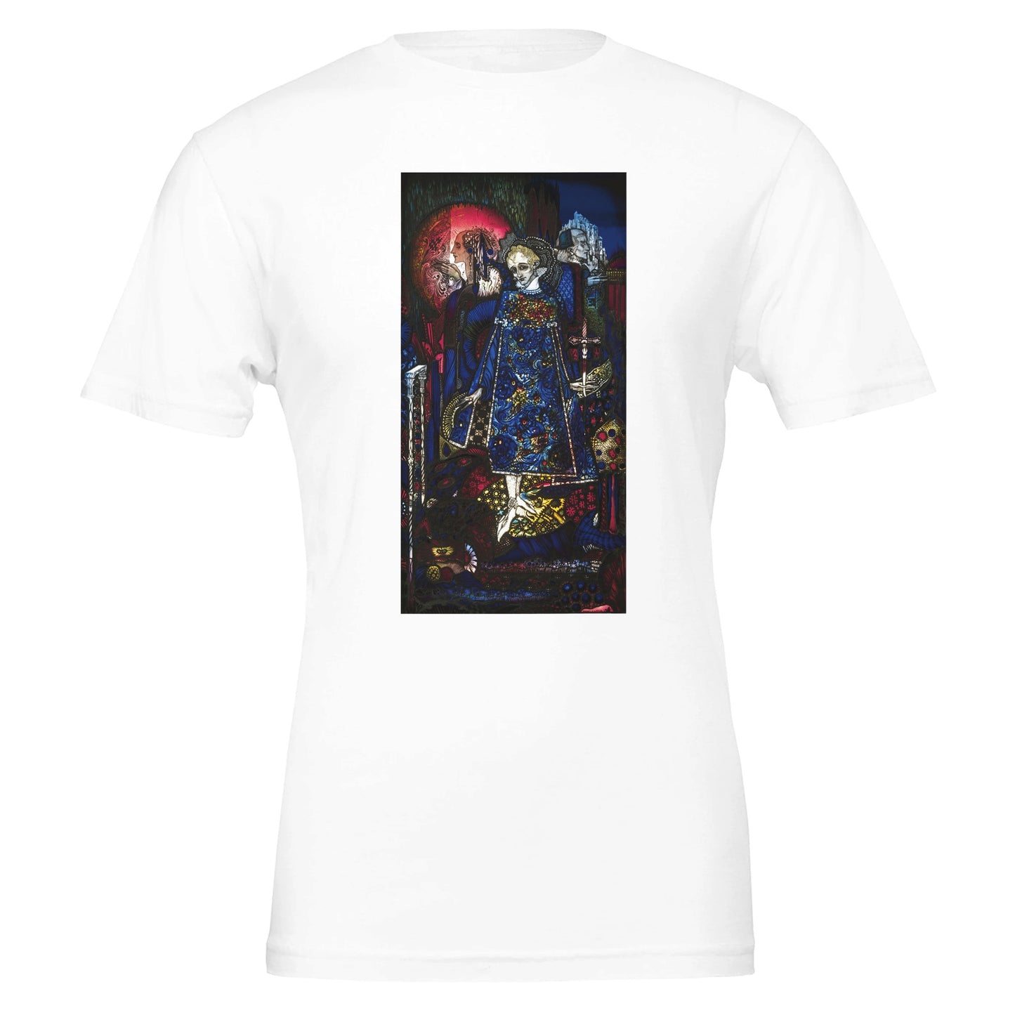 Harry Clarke Irish Art T-shirt in white, Gothic Art Nouveau style, lifestyle setting.