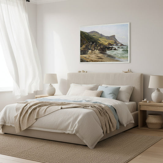 Large 60x90 cm Collector’s Edition Murlough Bay and Fair Head Irish landscape print in white frame, coastal statement artwork. Murlough Bay and Fair Head Collector’s Edition print in white frame above a linen-covered bed, soft muted bedding, sea-inspired palette, light curtains blowing, serene coastal bedroom styling