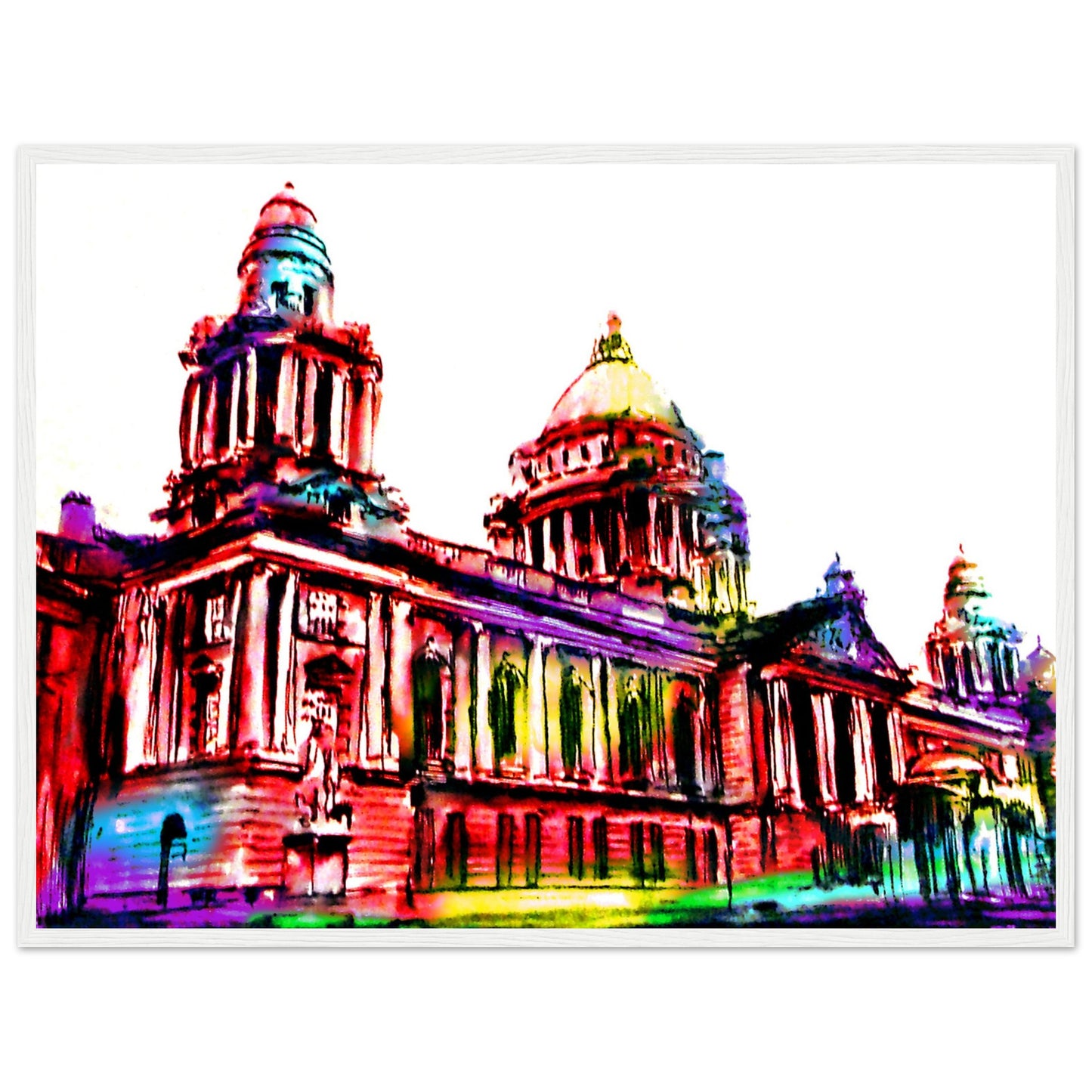 Oversized 60x80 cm colourful Belfast City Hall gallery print in white frame, hanging on a light grey wall in a modern office or studio, simple desk beneath with laptop and notebook, natural window light, realistic mockup.
