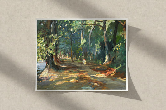 The Path by the River, Maidenhead by Irish Artist Sir John Lavery Art Print unframed archival print resting on light linen fabric. Soft natural daylight, gentle shadows, artisanal fine-art photography style.