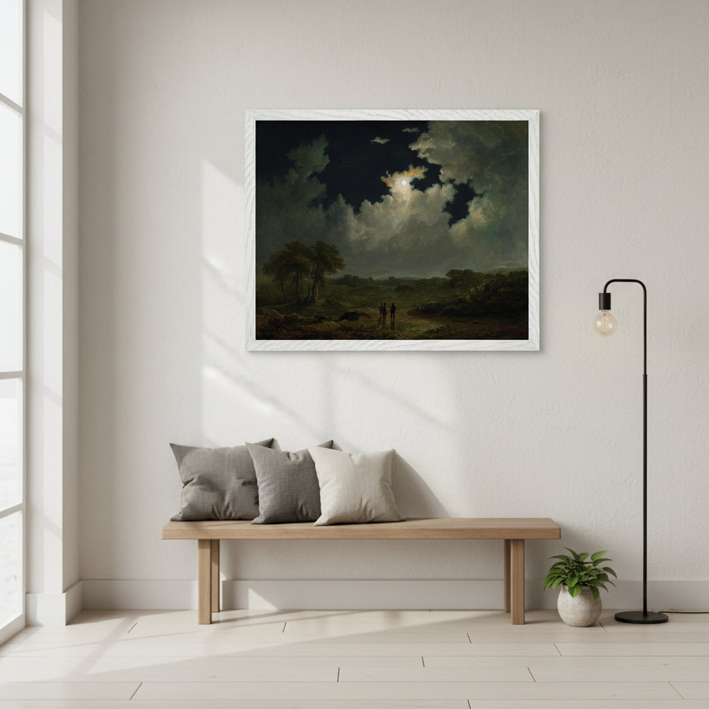 The Poachers (c.1830s) by James Arthur O’Connor – Irish Art Print collectors edition framed print in crisp white frame, calm Scandinavian-inspired
interior, off-white textured wall, soft natural daylight from left, minimalist
decor, premium lifestyle styling, 4K