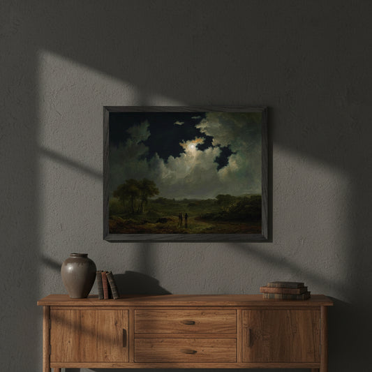 The Poachers (c.1830s) by James Arthur O’Connor – Irish Art Print gallery edition framed print in slim matte black frame, displayed on a deep
charcoal wall with warm directional lighting, antique wooden sideboard beneath,
rich shadows, moody Irish heritage interior, 4K photorealistic