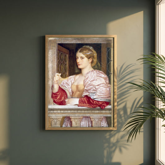 A Venetian Courtesan framed print in a natural oak frame on a dark green wall beside a window, dappled plant shadow