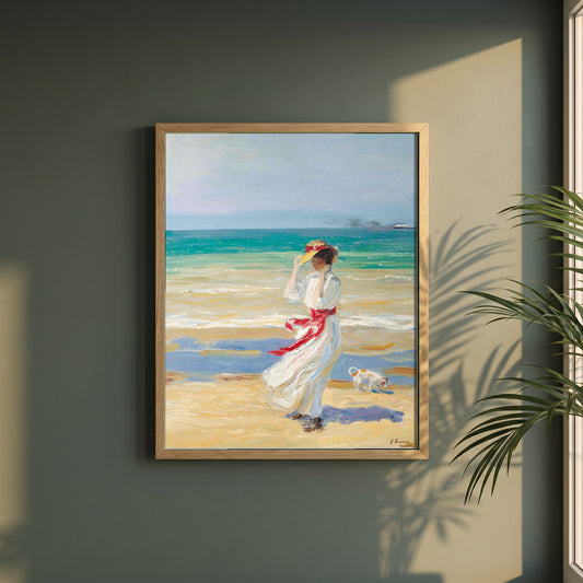 A Windy Day framed print in a natural oak frame on a dark green wall beside a window, dappled plant shadow