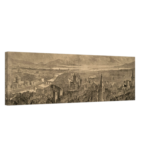 A Bird's Eye View of Dublin 1890 panoramic canvas print shown at an angle on a black background