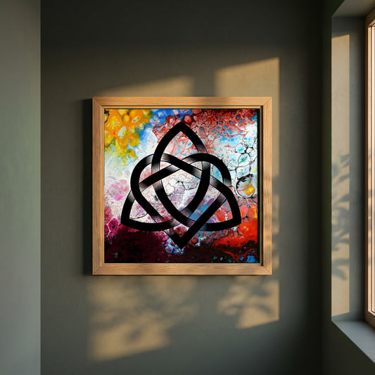 Abstract Celtic Design framed print in a natural oak frame on a dark green wall beside a window, dappled plant shadow