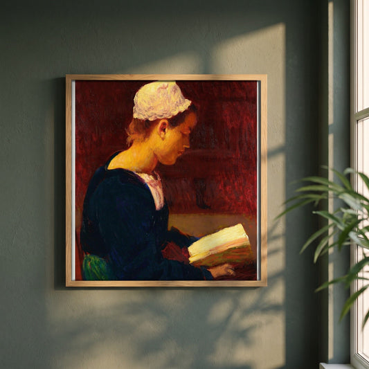 Breton Girl Reading (Bretonne Lisant) framed print in a natural oak frame on a dark green wall beside a window, dappled plant shadow