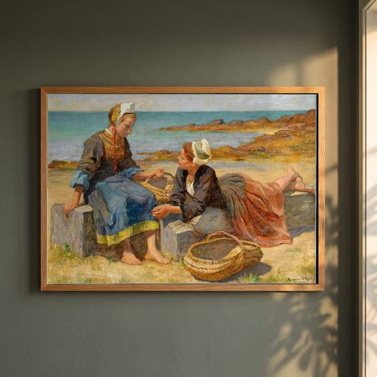 Breton Girls On a Beach By Irish Artist Aloysius O'Kelly framed print in a natural oak frame on a dark green wall beside a window, dappled plant shadow