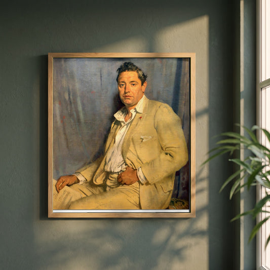 Count John McCormack framed print in a natural oak frame on a dark green wall beside a window, dappled plant shadow