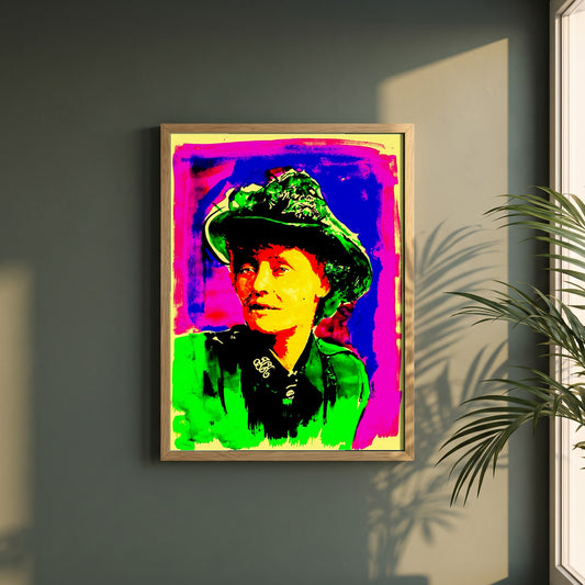 Countess Markievicz framed print in a natural oak frame on a dark green wall beside a window, dappled plant shadow