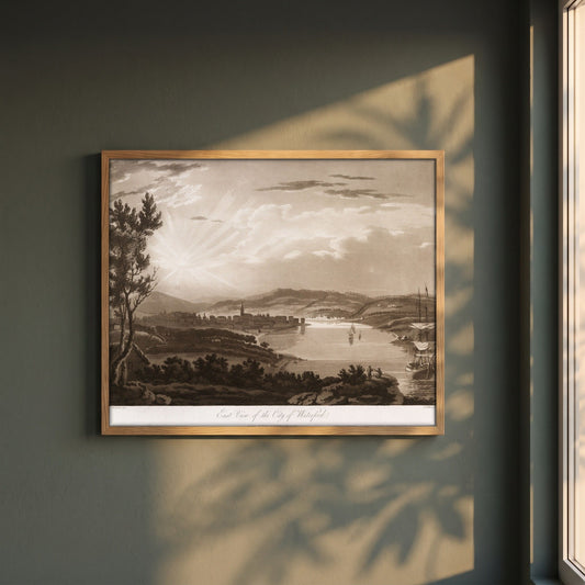 East View of the City of Waterford by Thomas Sautelle Roberts Art Print framed print in a natural oak frame on a dark green wall beside a window, dappled plant shadow