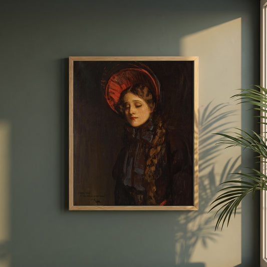 Edna May in The Belle of New York framed print in a natural oak frame on a dark green wall beside a window, dappled plant shadow