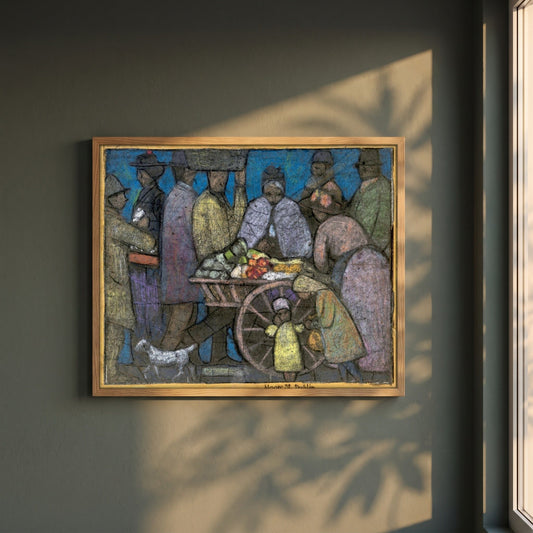Fruit Market, Moore Street by Michael Healy framed print in a natural oak frame on a dark green wall beside a window, dappled plant shadow