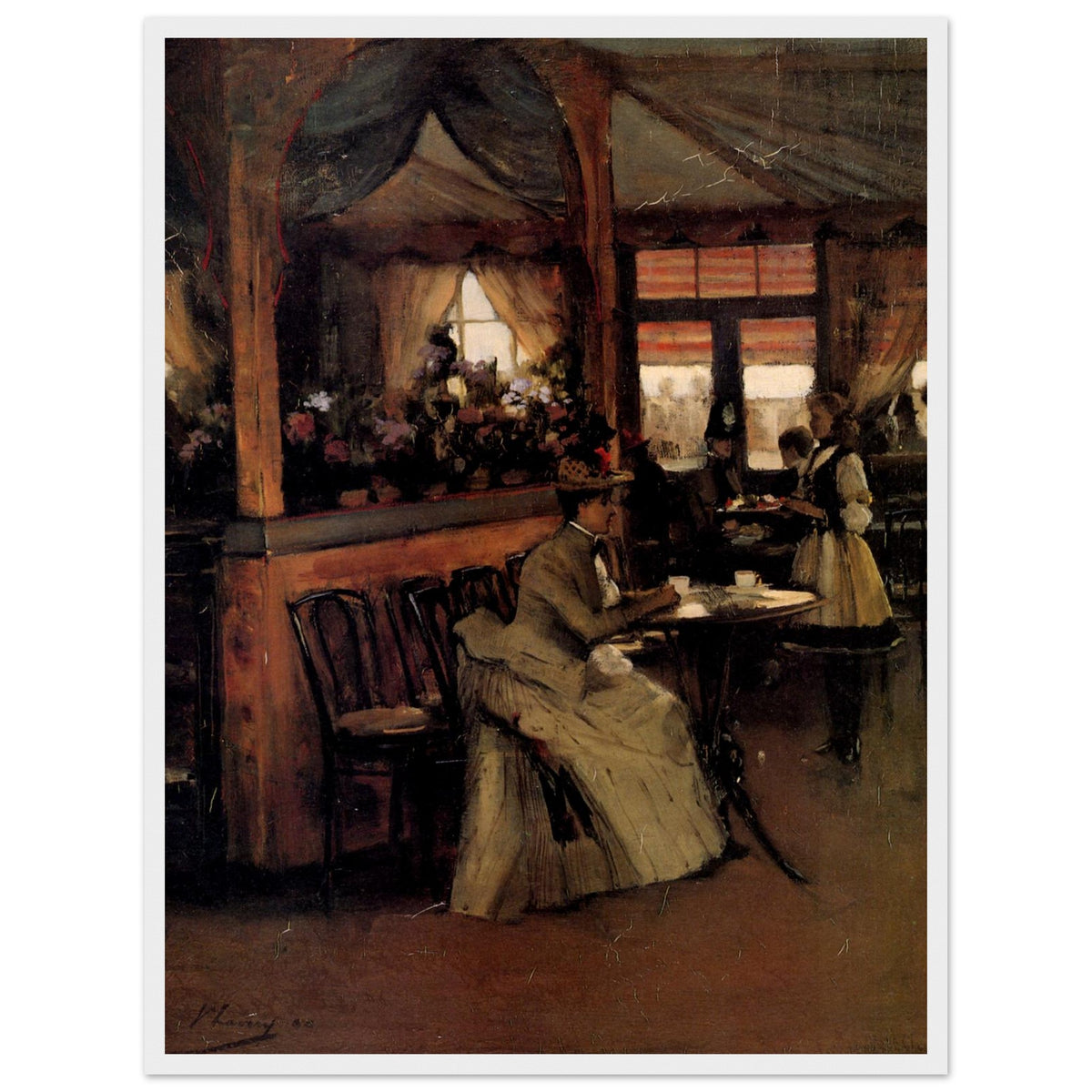 John Lavery cafe interior with a woman in a pale dress and a waitress, print with white edge