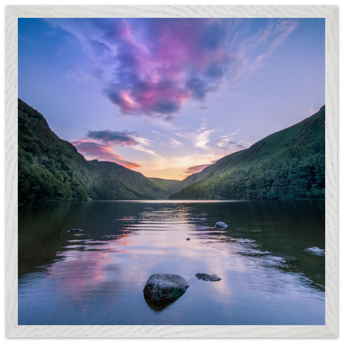 Glendalough at dusk premium Irish landscape wall art print in white gallery frame