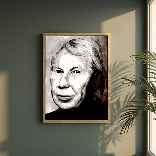 Louis le Brocquy Portrait framed print in a natural oak frame on a dark green wall beside a window, dappled plant shadow