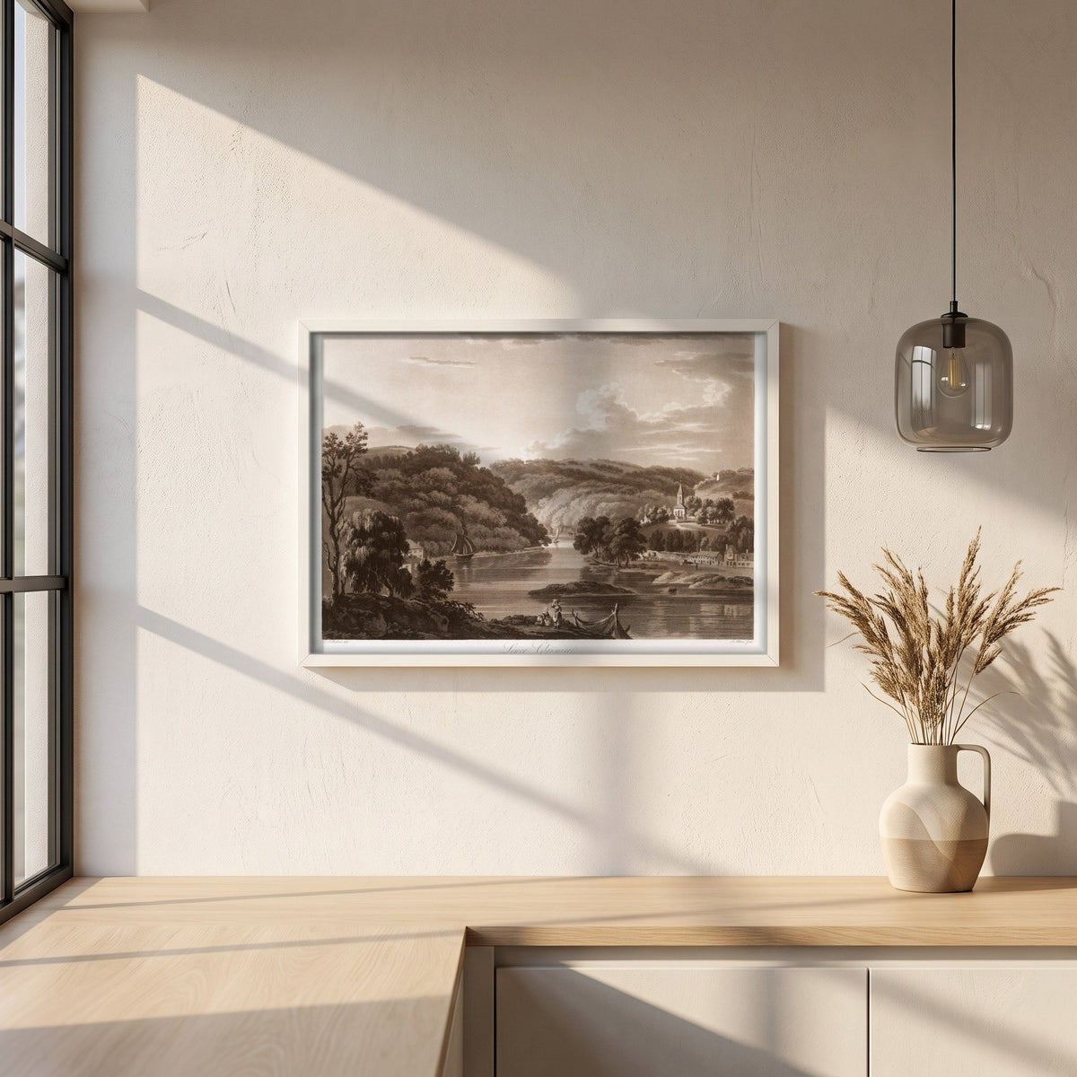 Lower Glanmire by Thomas Sautelle Roberts Art Print framed print in a white frame on a plaster wall above an oak worktop in a bright Scandinavian kitchen