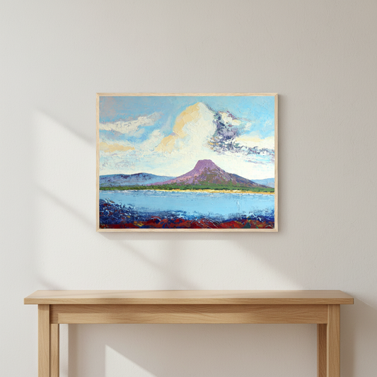 Lurig Mountain from the Shore by Ó Maoláin framed Irish landscape print hanging above a console table in a neutral hallway