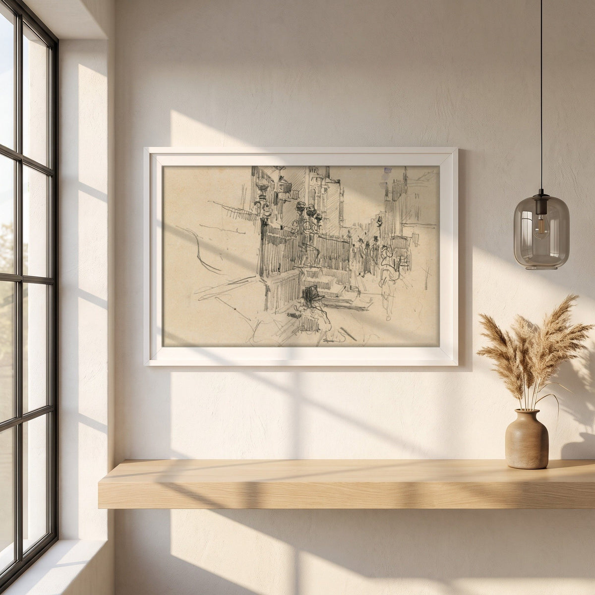 Merrion Row, Dublin, near the Shelbourne Hotel framed print in a white frame on a plaster wall above an oak worktop in a bright Scandinavian kitchen
