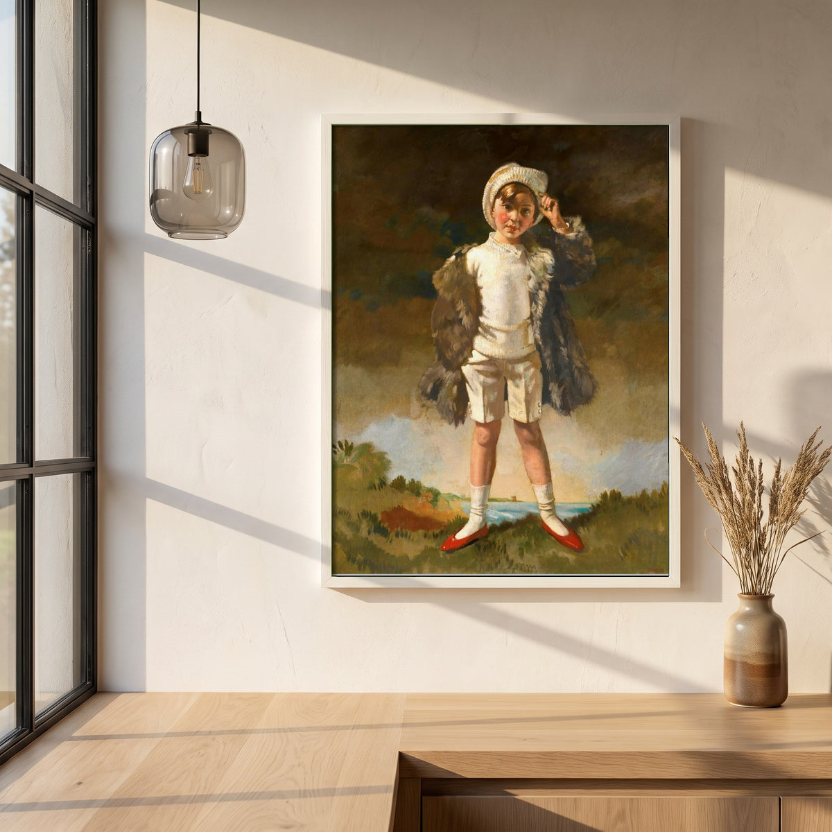 Noll, Son of Oliver St John Gogarty framed print in a white frame on a plaster wall above an oak worktop in a bright Scandinavian kitchen