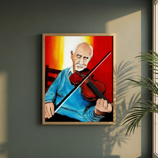 Polkas in the Parlour framed print in a natural oak frame on a dark green wall beside a window, dappled plant shadow