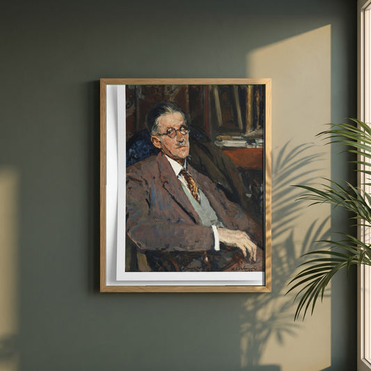Portrait of James Joyce framed print in a natural oak frame on a dark green wall beside a window, dappled plant shadow