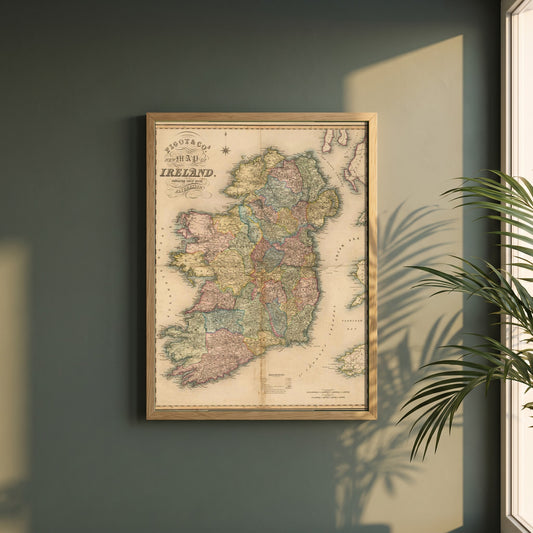 Map of Ireland framed print in a natural oak frame on a dark green wall beside a window, dappled plant shadow