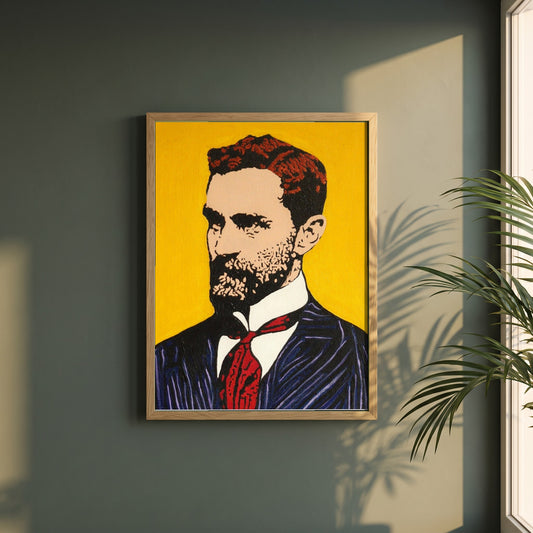 Roger Casement framed print in a natural oak frame on a dark green wall beside a window, dappled plant shadow