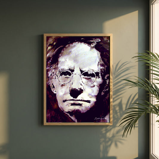 Sean O'Casey framed print in a natural oak frame on a dark green wall beside a window, dappled plant shadow