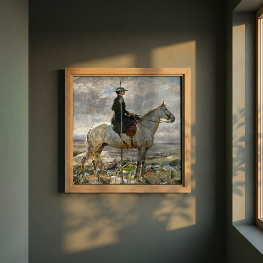 The Amazon framed print in a natural oak frame on a dark green wall beside a window, dappled plant shadow