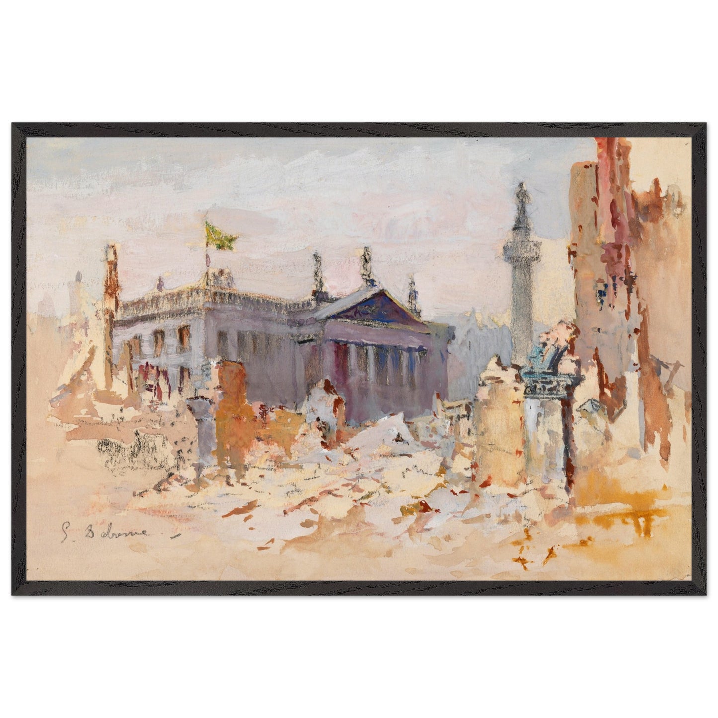 The Ruins of O’Connell Street, 1916 by Edmond Delrenne, museum-quality art print in a sleek black wooden frame, depicting the destruction of O’Connell Street after the Easter Rising