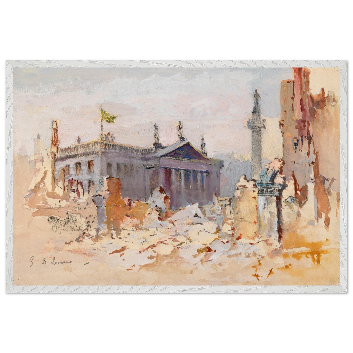 he Ruins of O’Connell Street, 1916 by Edmond Delrenne, art print in a modern white wooden frame, capturing the aftermath of the 1916 Easter Rising in Dublin.