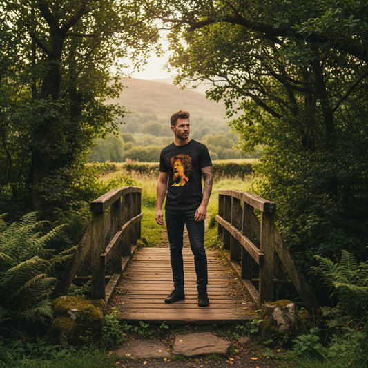 Model wearing Luke Kelly Irish folk music T-shirt on a wooden bridge surrounded by forest greenery. Heritage lifestyle tone, warm daylight, candid stance.