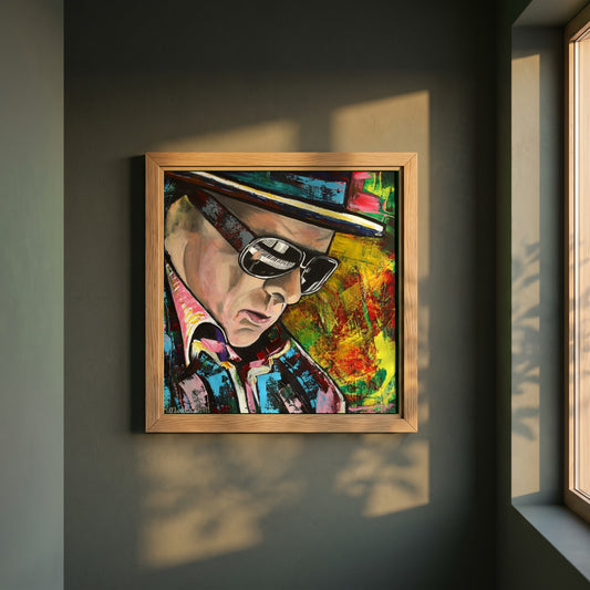 Van Morrison Portrait framed print in a natural oak frame on a dark green wall beside a window, dappled plant shadow