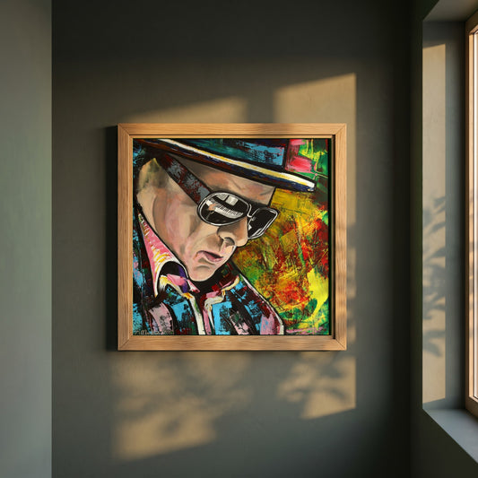 Van Morrison Portrait framed print in a natural oak frame on a dark green wall beside a window, dappled plant shadow