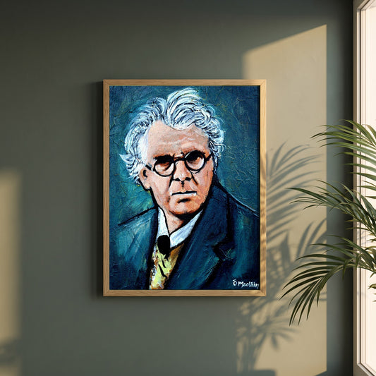 W.B. Yeats framed print in a natural oak frame on a dark green wall beside a window, dappled plant shadow