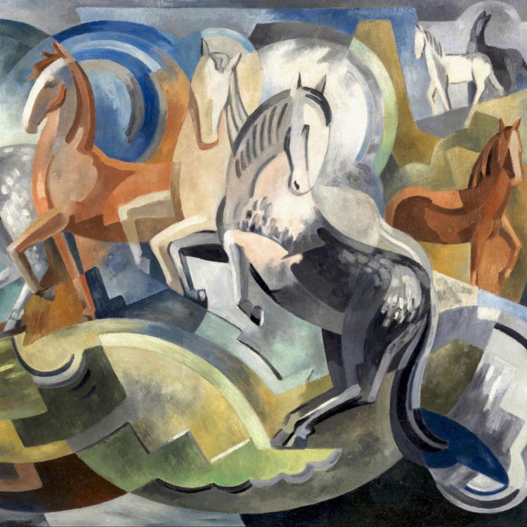 Irish abstract painting with stylised horses and flowing cubist forms in blue and earth tones by modernist artist Mainie Jellett