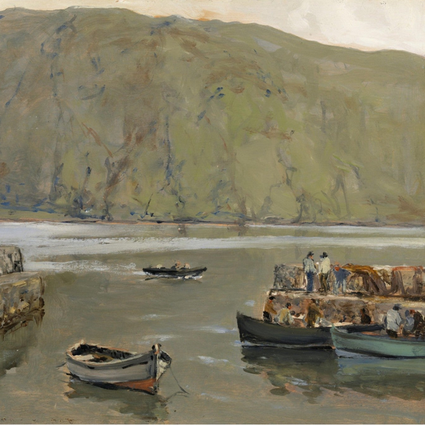 The Bay of Tunis, Morning by Sir John Lavery – Irish landscape art print in light oak frame styled in a neutral interior