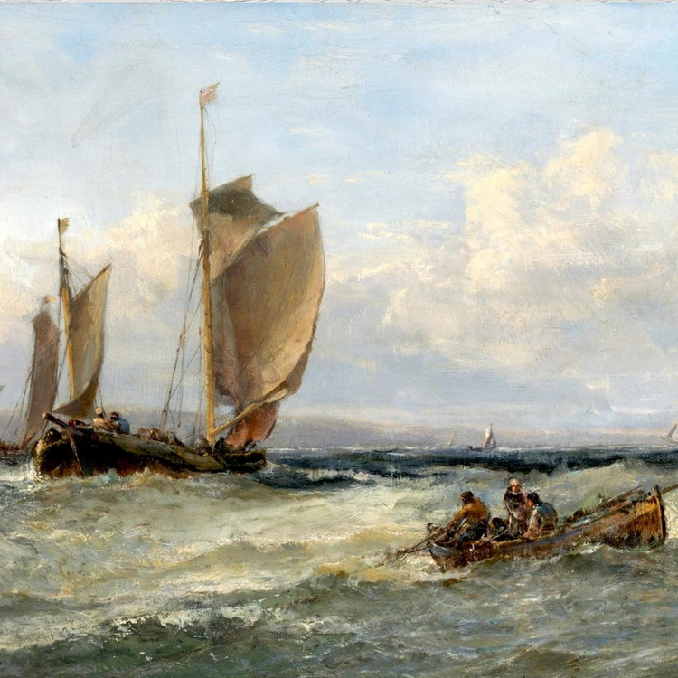 Sailing ships on a body of water with a cloudy sky